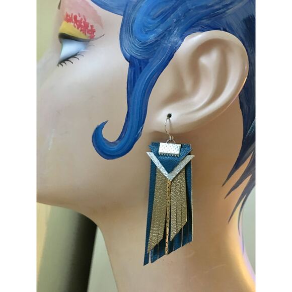 Western  Fringe Dark turquoise dark gold boho leather fringe statement earrings - Picture 7 of 10